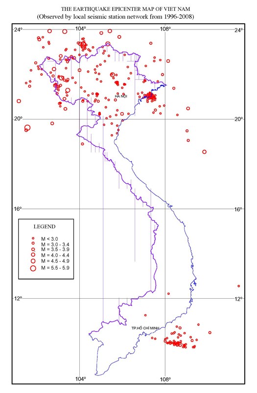 ベトナムの地震発生地点